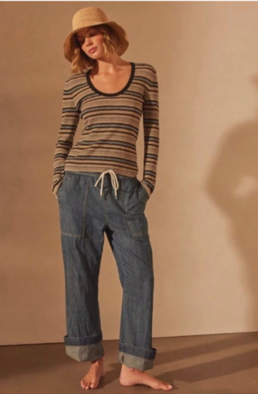 James Perse M Wide Leg Pull On Drawstring Lightweight Denim Pant Blue Cotton B14